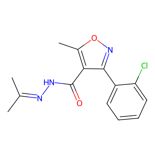 3-(2-chlorophenyl)-5-methyl-N'-(propan-2-ylidene)-1,2-oxazole-4-carbohydrazide structure