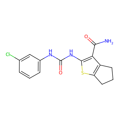 2-(3-(3-chlorophenyl)ureido)-5,6-dihydro-4H-cyclopenta[b]thiophene-3-carboxamide structure