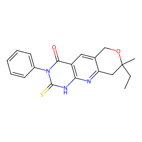 7-Ethyl-2-mercapto-7-methyl-3-phenyl-3,5,7,8-tetrahydro-6-oxa-1,3,9-triaza-anthracen-4-one structure