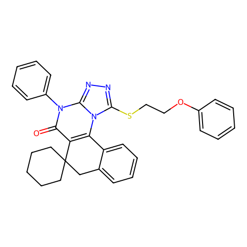 1-((2-phenoxyethyl)thio)-4-phenyl-4H-spiro[benzo[h][1,2,4]triazolo[4,3-a]quinazoline-6,1'-cyclohexan]-5(7H)-one structure