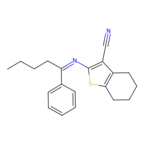 (Z)-2-((1-phenylpentylidene)amino)-4,5,6,7-tetrahydrobenzo[b]thiophene-3-carbonitrile structure