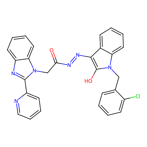 (Z)-N'-(1-(2-chlorobenzyl)-2-oxoindolin-3-ylidene)-2-(2-(pyridin-2-yl)-1H-benzo[d]imidazol-1-yl)acetohydrazide structure