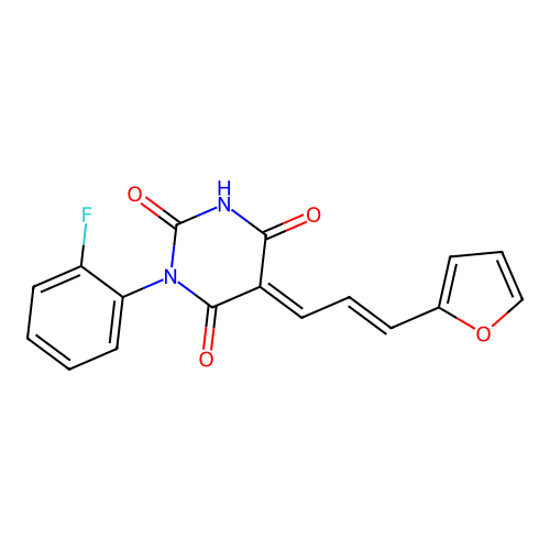 (5E)-1-(2-fluorophenyl)-5-[(2E)-3-(furan-2-yl)prop-2-en-1-ylidene]pyrimidine-2,4,6(1H,3H,5H)-trione structure