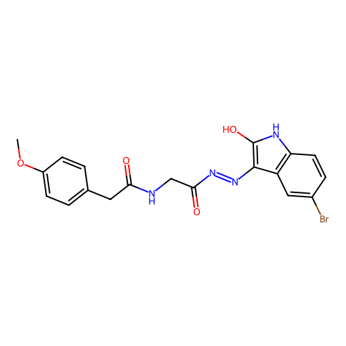 N-[[(5-bromo-2-oxo-indol-3-yl)amino]carbamoylmethyl]-2-(4-methoxyphenyl)acetamide structure
