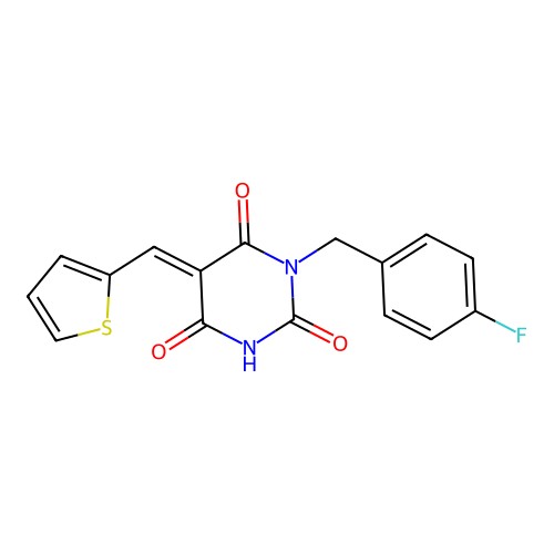 (5E)-1-[(4-fluorophenyl)methyl]-5-(thiophen-2-ylmethylidene)-1,3-diazinane-2,4,6-trione structure