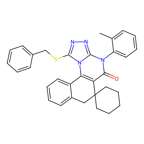 1-(benzylsulfanyl)-4-(2-methylphenyl)-4H-spiro[benzo[h][1,2,4]triazolo[4,3-a]quinazoline-6,1'-cyclohexan]-5(7H)-one structure