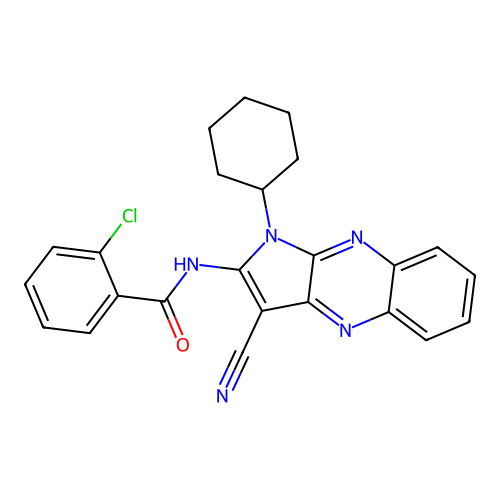2-chloro-N-(3-cyano-1-cyclohexyl-1H-pyrrolo[2,3-b]quinoxalin-2-yl)benzamide structure