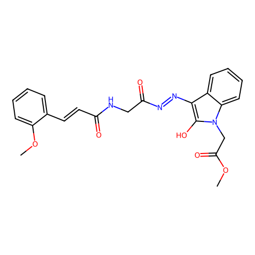 methyl 2-(3-(2-(2-(3-(2-methoxyphenyl)acrylamido)acetyl)hydrazono)-2-oxoindolin-1-yl)acetate structure