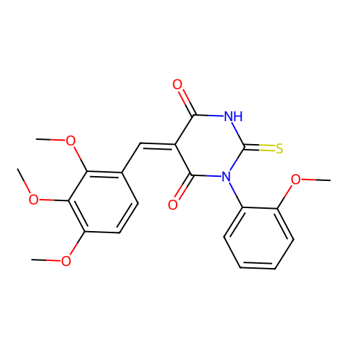 (5Z)-1-(2-methoxyphenyl)-2-sulfanylidene-5-[(2,3,4-trimethoxyphenyl)methylidene]-1,3-diazinane-4,6-dione structure