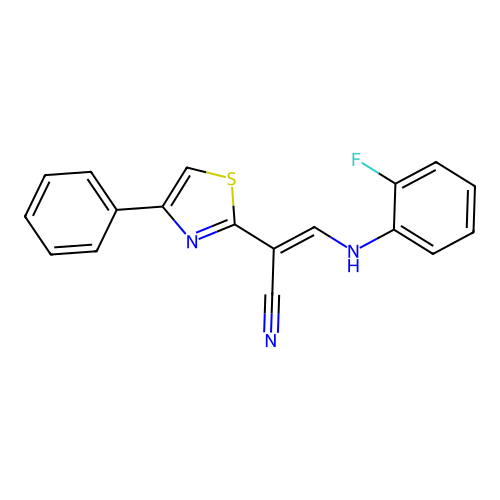 (2E)-3-[(2-fluorophenyl)amino]-2-(4-phenyl-1,3-thiazol-2-yl)prop-2-enenitrile structure