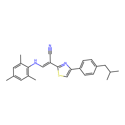 (E)-2-(4-(4-isobutylphenyl)thiazol-2-yl)-3-(mesitylamino)acrylonitrile structure