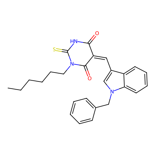 (5Z)-5-[(1-benzylindol-3-yl)methylidene]-1-hexyl-2-sulfanylidene-1,3-diazinane-4,6-dione structure