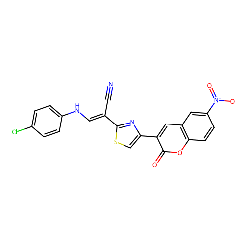 (2E)-3-[(4-chlorophenyl)amino]-2-[4-(6-nitro-2-oxo-2H-chromen-3-yl)-1,3-thiazol-2-yl]prop-2-enenitrile structure