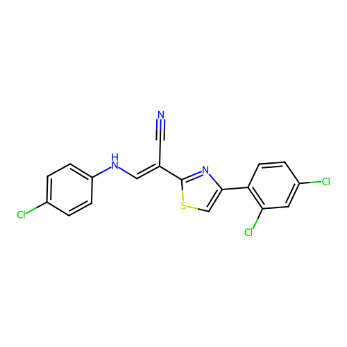 (E)-3-((4-chlorophenyl)amino)-2-(4-(2,4-dichlorophenyl)thiazol-2-yl)acrylonitrile structure