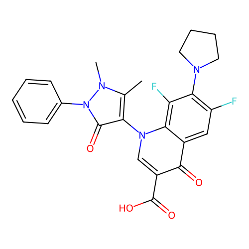 1-(1,5-dimethyl-3-oxo-2-phenyl-2,3-dihydro-1H-pyrazol-4-yl)-6,8-difluoro-4-oxo-7-(pyrrolidin-1-yl)-1,4-dihydroquinoline-3-carboxylic acid structure