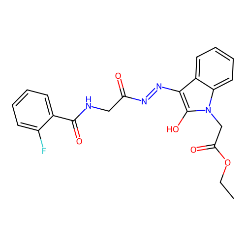 (Z)-ethyl 2-(3-(2-(2-(2-fluorobenzamido)acetyl)hydrazono)-2-oxoindolin-1-yl)acetate structure