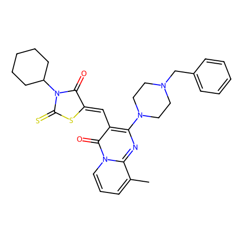 (Z)-5-((2-(4-benzylpiperazin-1-yl)-9-methyl-4-oxo-4H-pyrido[1,2-a]pyrimidin-3-yl)methylene)-3-cyclohexyl-2-thioxothiazolidin-4-one structure