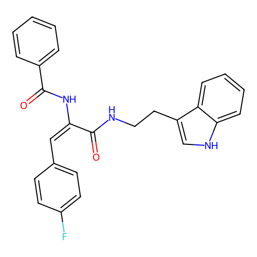 N-[(E)-1-(4-fluorophenyl)-3-[2-(1H-indol-3-yl)ethylamino]-3-oxoprop-1-en-2-yl]benzamide structure