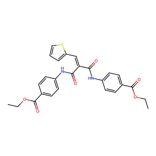 diethyl 4,4'-((2-(thiophen-2-ylmethylene)malonyl)bis(azanediyl))dibenzoate structure