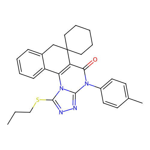 1-(propylthio)-4-(p-tolyl)-4H-spiro[benzo[h][1,2,4]triazolo[4,3-a]quinazoline-6,1'-cyclohexan]-5(7H)-one structure