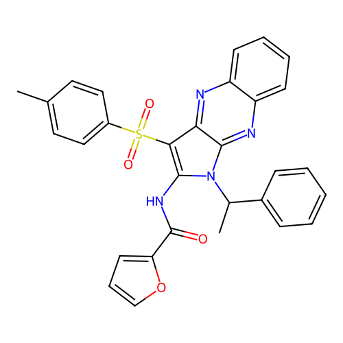 N-(1-(1-phenylethyl)-3-tosyl-1H-pyrrolo[2,3-b]quinoxalin-2-yl)furan-2-carboxamide structure
