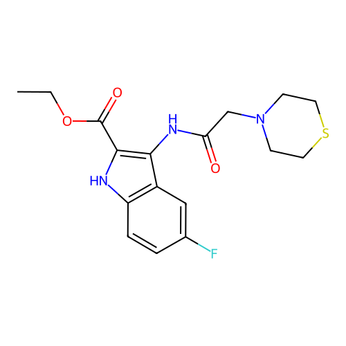 ethyl 5-fluoro-3-[(thiomorpholin-4-ylacetyl)amino]-1H-indole-2-carboxylate structure