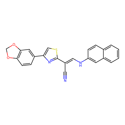 (E)-2-(4-(benzo[d][1,3]dioxol-5-yl)thiazol-2-yl)-3-(naphthalen-2-ylamino)acrylonitrile structure