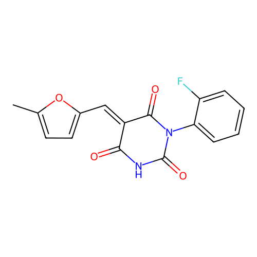 (E)-1-(2-fluorophenyl)-5-((5-methylfuran-2-yl)methylene)pyrimidine-2,4,6(1H,3H,5H)-trione structure