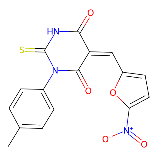 (5Z)-1-(4-methylphenyl)-5-[(5-nitrofuran-2-yl)methylidene]-2-sulfanylidene-1,3-diazinane-4,6-dione structure