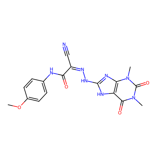 (1Z)-N-[(1,3-dimethyl-2,6-dioxo-7H-purin-8-yl)amino]-2-(4-methoxyanilino)-2-oxoethanimidoyl cyanide structure