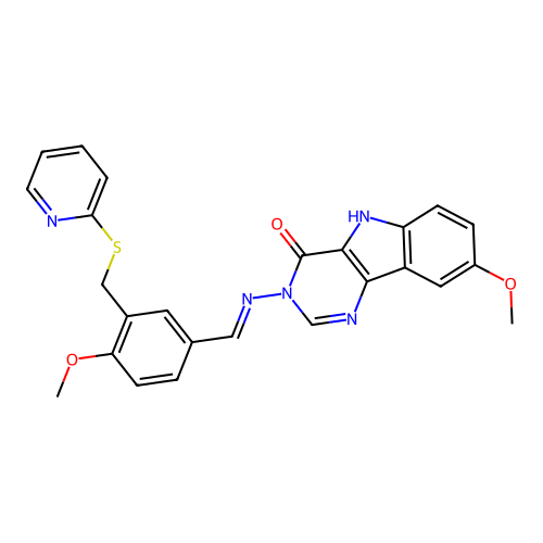 (E)-8-methoxy-3-((4-methoxy-3-((pyridin-2-ylthio)methyl)benzylidene)amino)-3H-pyrimido[5,4-b]indol-4(5H)-one structure