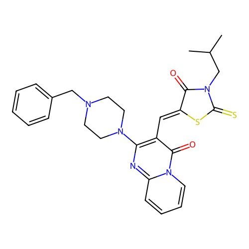 2-(4-benzylpiperazin-1-yl)-3-[(Z)-(3-isobutyl-4-oxo-2-thioxo-1,3-thiazolidin-5-ylidene)methyl]-4H-pyrido[1,2-a]pyrimidin-4-one structure