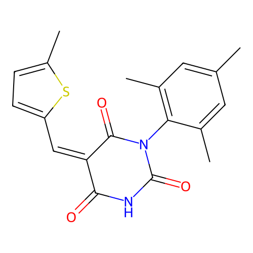 (Z)-1-mesityl-5-((5-methylthiophen-2-yl)methylene)pyrimidine-2,4,6(1H,3H,5H)-trione structure