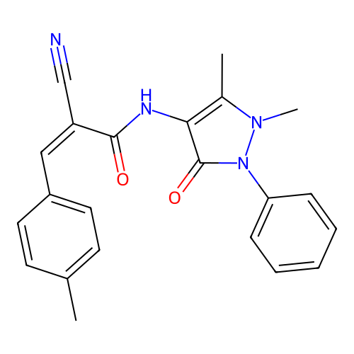 (Z)-2-cyano-N-(1,5-dimethyl-3-oxo-2-phenylpyrazol-4-yl)-3-(4-methylphenyl)prop-2-enamide structure
