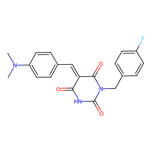 (5E)-5-[4-(dimethylamino)benzylidene]-1-(4-fluorobenzyl)barbituric acid structure