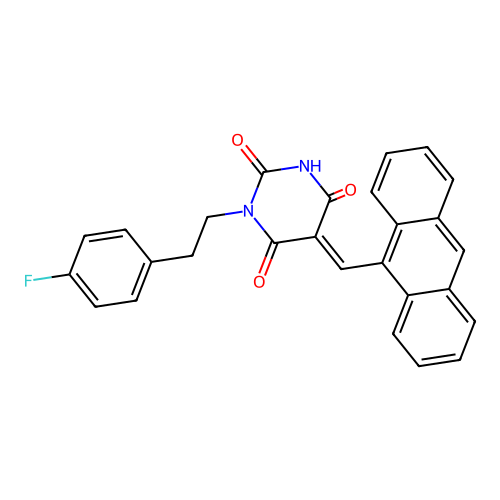 (E)-5-(anthracen-9-ylmethylene)-1-(4-fluorophenethyl)pyrimidine-2,4,6(1H,3H,5H)-trione structure
