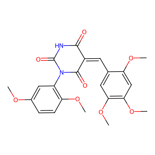 1-(2,5-dimethoxyphenyl)-5-(2,4,5-trimethoxybenzylidene)-2,4,6(1H,3H,5H)-pyrimidinetrione structure