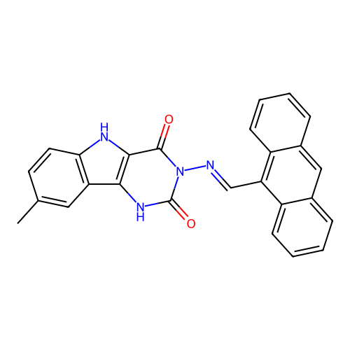 (E)-3-((anthracen-9-ylmethylene)amino)-8-methyl-1H-pyrimido[5,4-b]indole-2,4(3H,5H)-dione structure