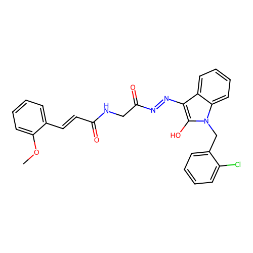 (2E)-N-(2-{(2Z)-2-[1-(2-chlorobenzyl)-2-oxo-1,2-dihydro-3H-indol-3-ylidene]hydrazinyl}-2-oxoethyl)-3-(2-methoxyphenyl)prop-2-enamide (non-preferred name) structure