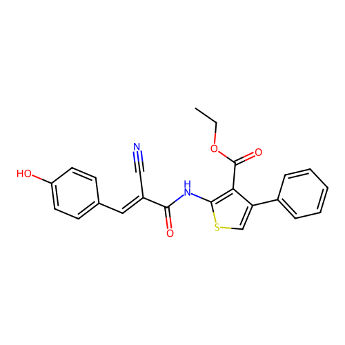 ethyl 2-[[(E)-2-cyano-3-(4-hydroxyphenyl)prop-2-enoyl]amino]-4-phenylthiophene-3-carboxylate structure