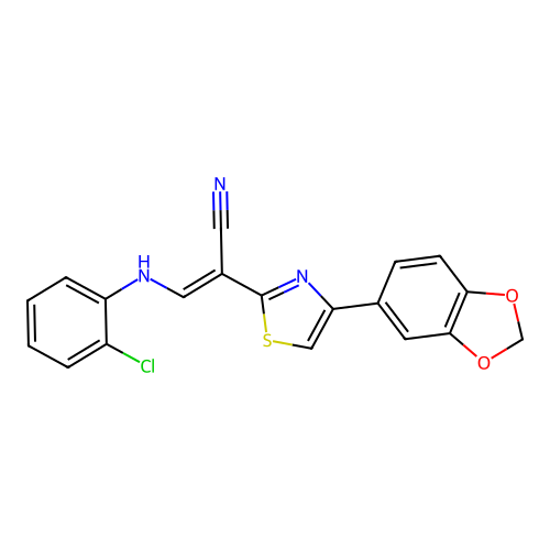 (E)-2-(4-(benzo[d][1,3]dioxol-5-yl)thiazol-2-yl)-3-((2-chlorophenyl)amino)acrylonitrile structure