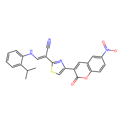 (2E)-2-[4-(6-nitro-2-oxo-2H-chromen-3-yl)-1,3-thiazol-2-yl]-3-{[2-(propan-2-yl)phenyl]amino}prop-2-enenitrile structure