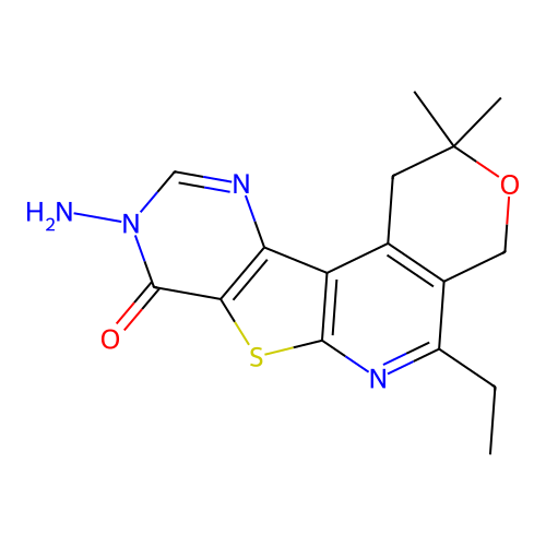 9-amino-5-ethyl-2,2-dimethyl-1,4-dihydro-2H-pyrano[4'',3'':4',5']pyrido[3',2':4,5]thieno[3,2-d]pyrimidin-8(9H)-one structure