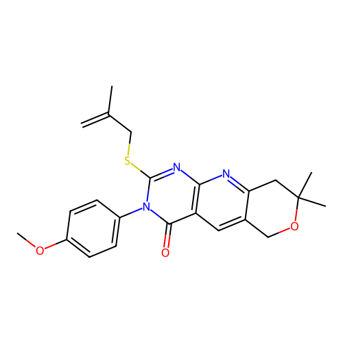 3-(4-methoxyphenyl)-8,8-dimethyl-2-((2-methylallyl)thio)-8,9-dihydro-3H-pyrano[3',4':5,6]pyrido[2,3-d]pyrimidin-4(6H)-one structure