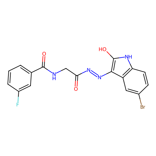 N-[[(5-bromo-2-oxo-indol-3-yl)amino]carbamoylmethyl]-3-fluoro-benzamide structure