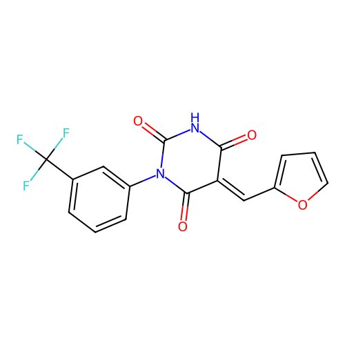 (5E)-5-(furan-2-ylmethylidene)-1-[3-(trifluoromethyl)phenyl]-1,3-diazinane-2,4,6-trione structure