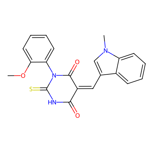 (Z)-1-(2-methoxyphenyl)-5-((1-methyl-1H-indol-3-yl)methylene)-2-thioxodihydropyrimidine-4,6(1H,5H)-dione structure
