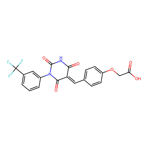 (E)-2-(4-((2,4,6-trioxo-1-(3-(trifluoromethyl)phenyl)tetrahydropyrimidin-5(2H)-ylidene)methyl)phenoxy)acetic acid structure