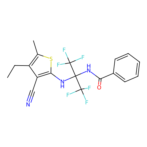 N-(2-((3-cyano-4-ethyl-5-methylthiophen-2-yl)amino)-1,1,1,3,3,3-hexafluoropropan-2-yl)benzamide structure
