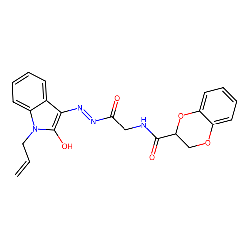 (Z)-N-(2-(2-(1-allyl-2-oxoindolin-3-ylidene)hydrazinyl)-2-oxoethyl)-2,3-dihydrobenzo[b][1,4]dioxine-2-carboxamide structure
